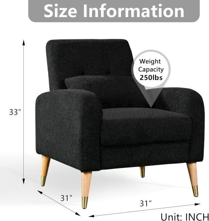 Mid-Century Modern Accent Chair, Upholstered Armchair Living Room Chair, Comfy Single Sofa Chair with Sturdy Legs, Polyester Fabric Chair for Living Room Bedroom, Black