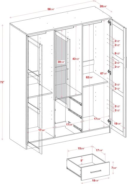 Solid Wood 3-door Wardrobe Armoire with Mirror and 3 Drawers, Mocha, 56.25" W x 72" H x 20.75" D, Renewable Eco-Friendly Wood,