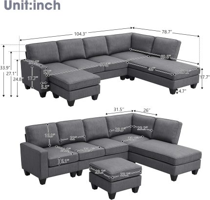 L-Shaped Sectional Sofa with Chaise Lounge, Convertible Ottoman, 7-Seater Modern Linen Fabric Oversized Couches Home Furniture Sets for Living Room, Apartment, Office, Dark Grey