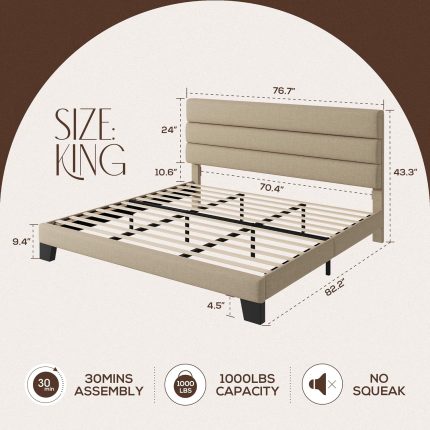 King Bed Frame Platform Bed with Linen Fabric Upholstered Headboard and Wooden Slats Support, Heavy Duty Mattress Foundation, No Box Spring Needed, Easy Assembly, Beige