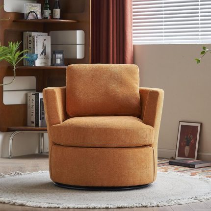 Swivel Accent Chair, Upholstered Round Barrel Chair, No Noise 360 Degree Swivel Metal Base, Reversible Seat Cushion Armchair for Living Room Bedroom Waiting Room Office Yellow As Shown