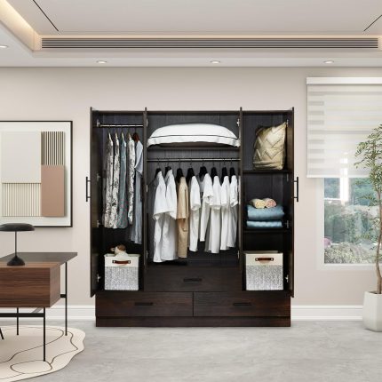 Wardrobe Closet with Doors- 4 Door Wood Wardrobe Bedroom Closet with Clothing Rod inside Cabinet, 3 Drawers for Storage and Mirror, Bedroom Armoire Wardrobe Closet