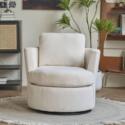Swivel Accent Chair, Upholstered Round Barrel Chair, No Noise 360 Degree Swivel Metal Base, Reversible Seat Cushion Armchair for Living Room Bedroom Waiting Room Office Beige As Shown
