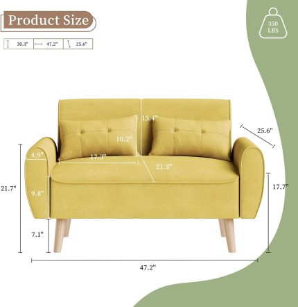 47" Small Modern Loveseat Sofa, Mid Century Linen Fabric 2-Seat Sofa Couch Tufted Love Seat with Back Cushions and Tapered Wood Legs for Living Room, Bedroom and Small Space (Yellow)