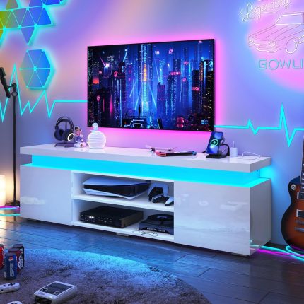 65IN LED TV Stand for 70/75 Inch TV, Modern Gaming TV Stand with Power Outlet, Large High Gloss TV Console Entertainment Center with Storage for Living Room, White