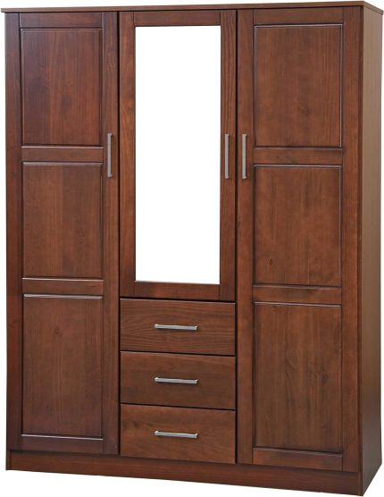 Solid Wood 3-door Wardrobe Armoire with Mirror and 3 Drawers, Mocha, 56.25" W x 72" H x 20.75" D, Renewable Eco-Friendly Wood,