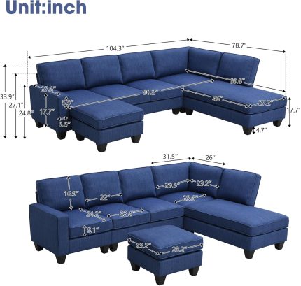 L-Shaped Sectional Sofa with Chaise Lounge, Convertible Ottoman, 7-Seater Modern Linen Fabric Oversized Couches Home Furniture Sets for Living Room, Apartment, Office, Blue