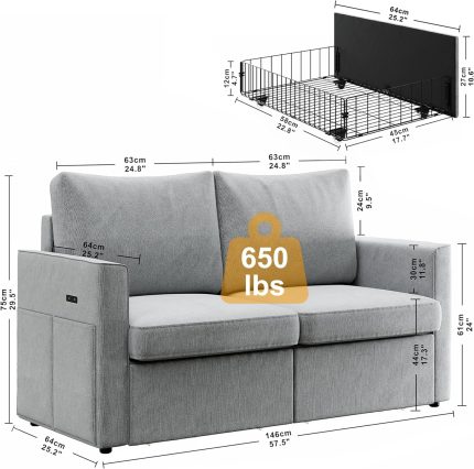 Loveseat Sofa with Drawer & Charging Port,Couches for Living Room with Track Armrest, Double Sofa for Bedroom, Grey