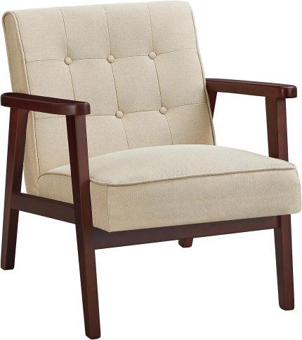 Accent Leisure Chair, Mid-Century Modern Arm Chair with Solid Wood Armrests and Legs, 1-Seat Cushioned Sofa for Living Room Bedroom Balcony Studio, Beige ULAC001M01