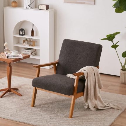 Mid-Century Accent Chair Modern Retro Leisure Chair with Solid Wood Frame Upholstered Teddy Fleece Fabric Single Sofa Armchair for Living Room, Bedroom, Balcont, Gray
