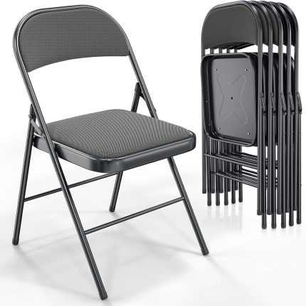 Padded Folding Chairs with Metal Frame with Comfortable Fabric Padded Seat & Back, Capacity 350 lbs, Gray, Set of 6