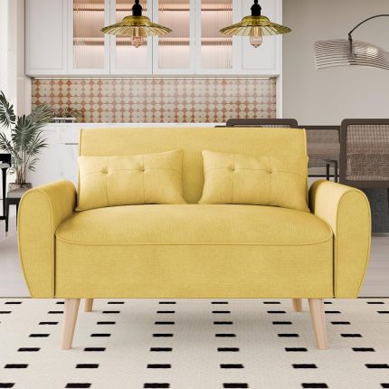 47" Small Modern Loveseat Sofa, Mid Century Linen Fabric 2-Seat Sofa Couch Tufted Love Seat with Back Cushions and Tapered Wood Legs for Living Room, Bedroom and Small Space (Yellow)