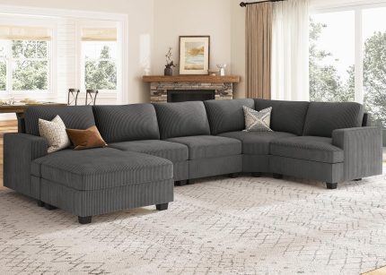 Sectional Sofa with Storage Ottoman, U Shape Sectional Couch with Chaise, Corduroy Modular Sectional Couch for Living Room, Dark Grey