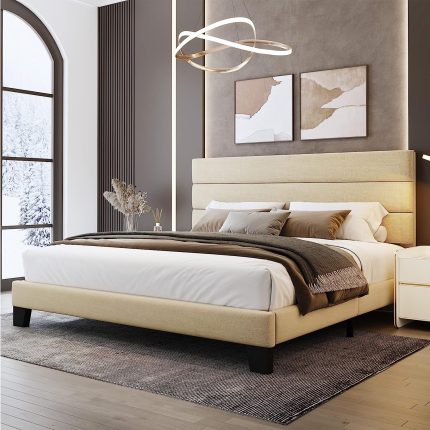 King Bed Frame Platform Bed with Linen Fabric Upholstered Headboard and Wooden Slats Support, Heavy Duty Mattress Foundation, No Box Spring Needed, Easy Assembly, Beige