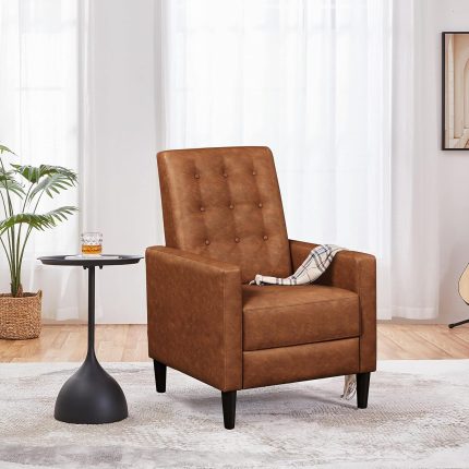 Faux Leather Recliner Sofa Mid-Century Modern Single Reclining Chair Adjustable Back & Footrest Tufted Upholstered Sofa with Pocket Spring Living Room Bedroom Home Theater Brown