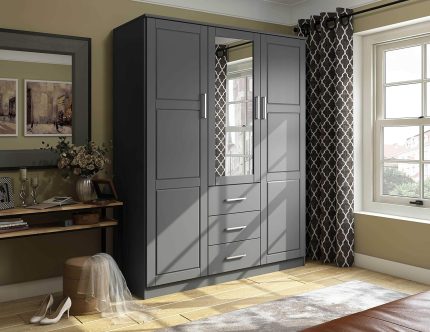 Solid Wood 3-Door Wardrobe Armoire Closet with Mirror and 3 Drawers, Gray. 56.25" W x 72" H x 20.75" D, Renewable Eco-Friendly Wood,