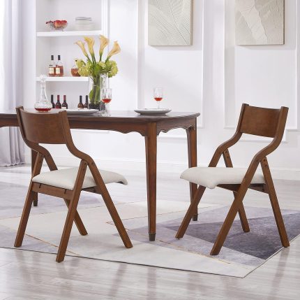 Modern Folding Chairs Upholstered Kitchen Dining Chair Seating Set of 2, Walnut