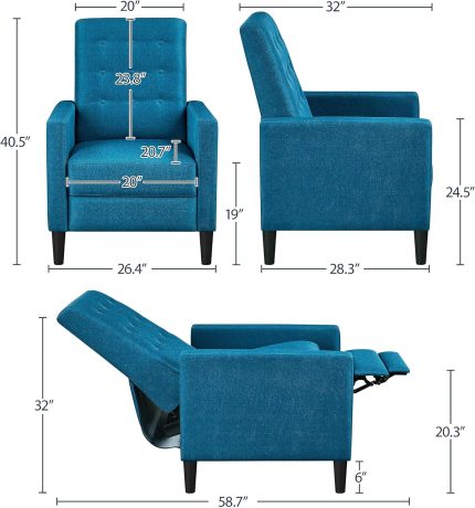 Fabric Recliner Chair Mid-Century Modern Recliner Adjustable Single Recliner Sofa with Thicker Seat Cushion Tufted Upholstered Sofa with Pocket Spring for Living Room Bedroom Blue