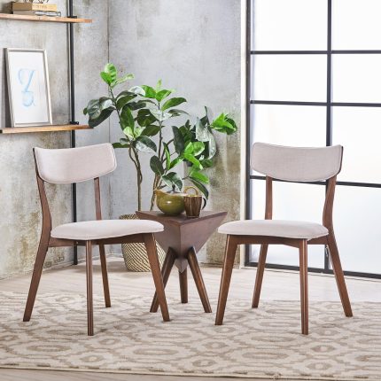 Mid-Century Modern Dining Chairs with Rubberwood Frame, 2-Pcs Set, Light Beige / Natural Walnut