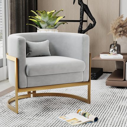 Modern Accent Chair Grey Velvet Living Room Chairs, Upholstered Armchair Lounge Barrel Chair Mid Century Tub Bucket Club Chair Sofa for Bedroom
