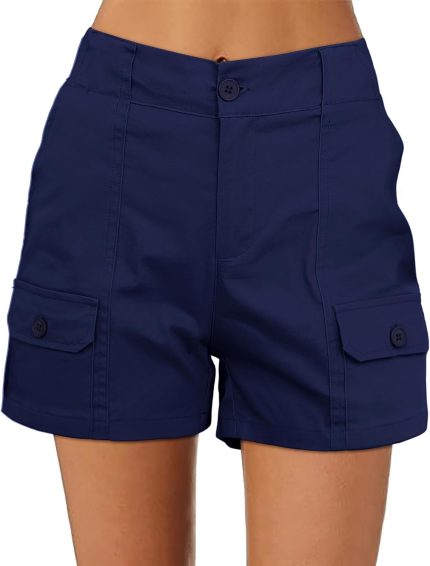 Cargo Shorts for Women Casual Summer High Waisted Chino Shorts Ribbed Elastic Waist Utility Pockets Comfy Shorts