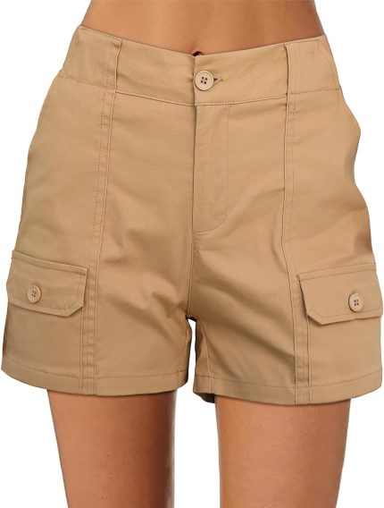 Cargo Shorts for Women Casual Summer High Waisted Chino Shorts Ribbed Elastic Waist Utility Pockets Comfy Shorts