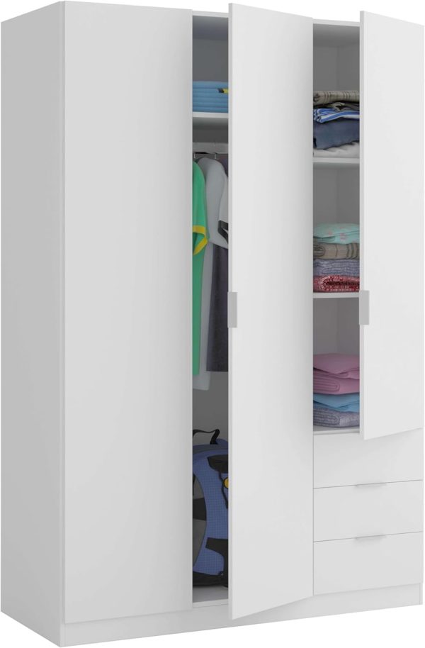Habitdesign Three Door and Three Drawer Wardrobe Closet, Artic White Finish, Measurements: 121 cm (W) x 180 cm (H) x 52 cm (D)11
